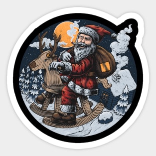 Santa Smoking and Riding Wooden Deer Sticker